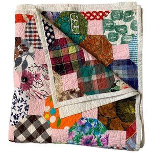 Large VTG Handmade Crazy Quilt 74"X86" Machine Quilted GRANNY CHIC COTTAGE CORE